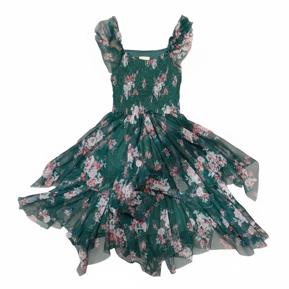 Zenzi Girls Green Floral‎ Tiered Ruffle Dress Size XS (4/5)